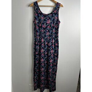 Mata Traders Maxi Dress Sz L Floral Navy Boho Jersey Knit Organic Cotton Stretch